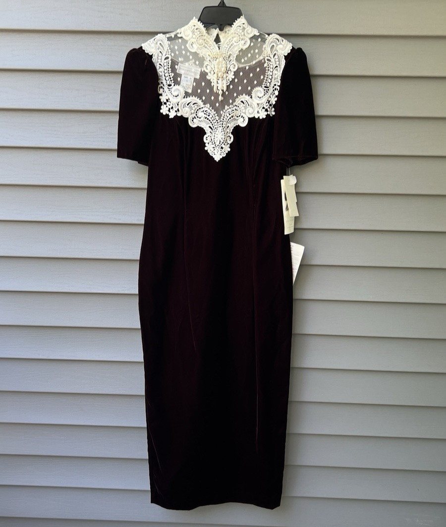 Vintage Jessica McClintock Burgundy Velvet Lace Cocktail Dress 9/10 Victorian