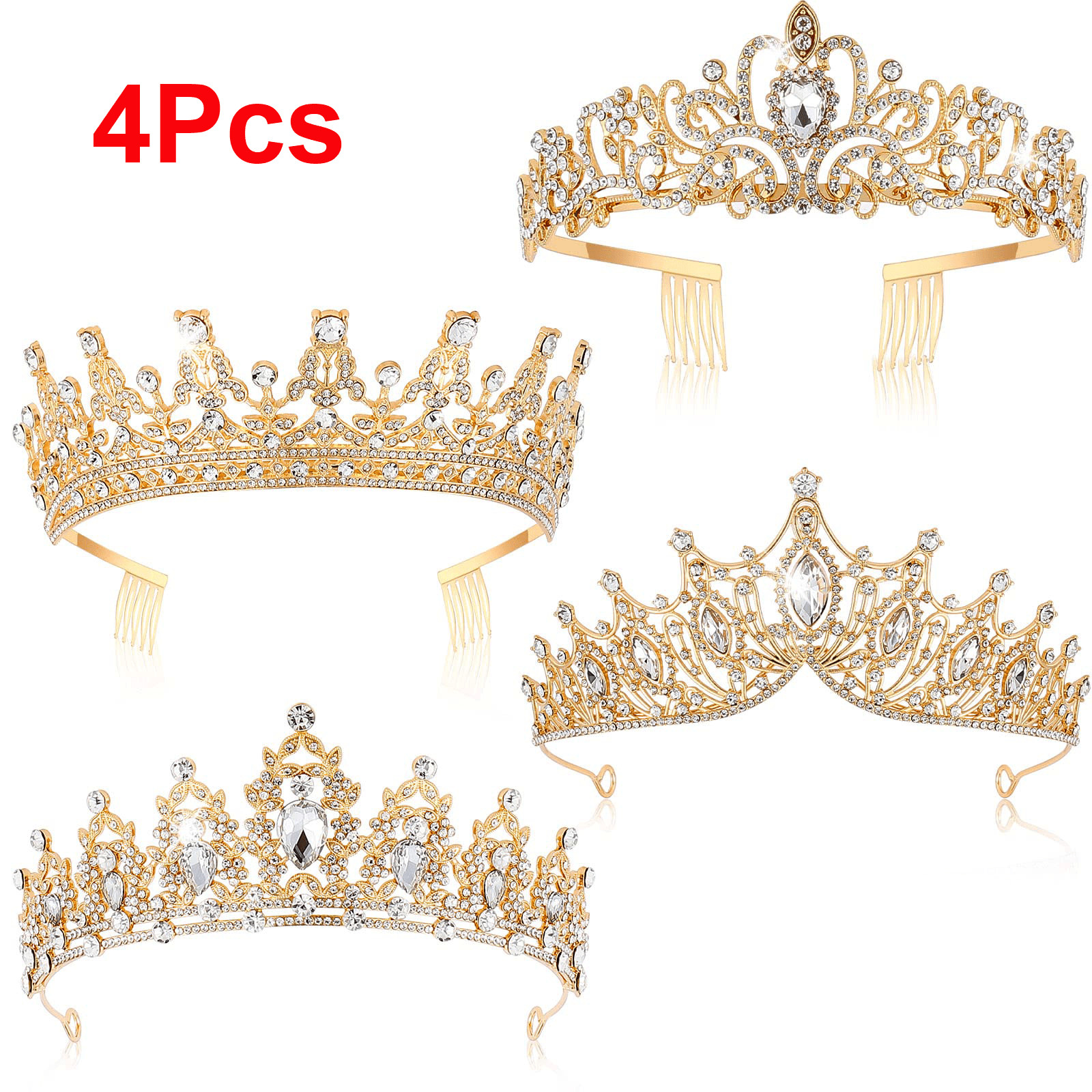 4 Pcs Birthday Crowns for Women Elegant Queen Gold Crystal Crowns Wedding Tiaras 4 Pcs Birthday Crowns for Women Elegant Queen Gold Crystal Crowns Wedding Tiaras