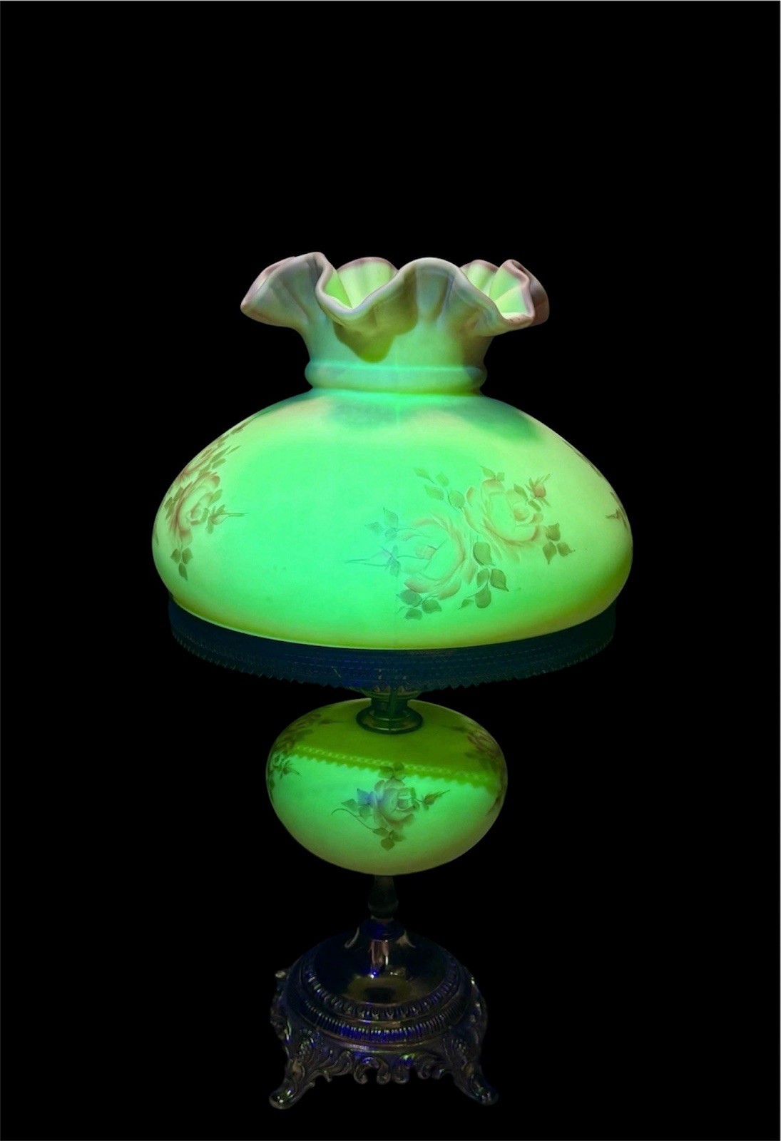 Fenton Burmese Uranium Glass Student Lamp Hand Painted Roses Signed K. Haught