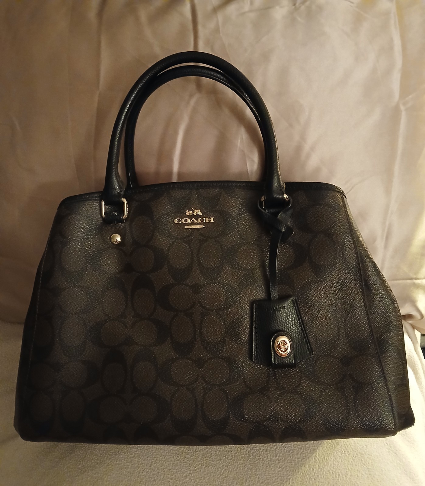 Coach Margot Medium Carryall Black/Brown Signature Coated Canvas Satchel