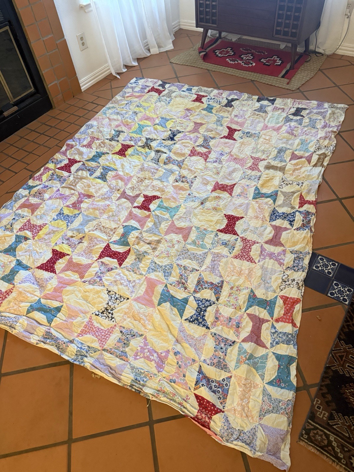 Antique Vintage Hand Made Quilt Star wedding Band Daisy Flower Folk Art 95x75