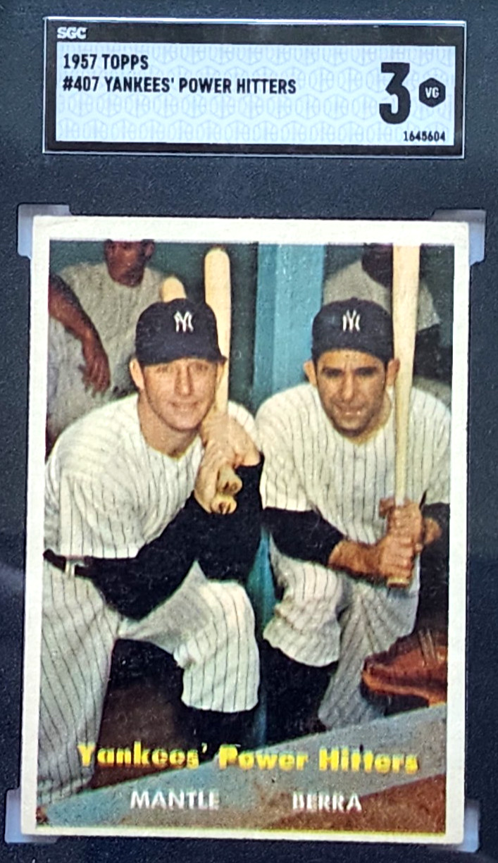 1957 TOPPS #407 YANKEES\' POWER HITTERS MICKEY MANTLE YOGI BERRA SGC 3 VG HOF