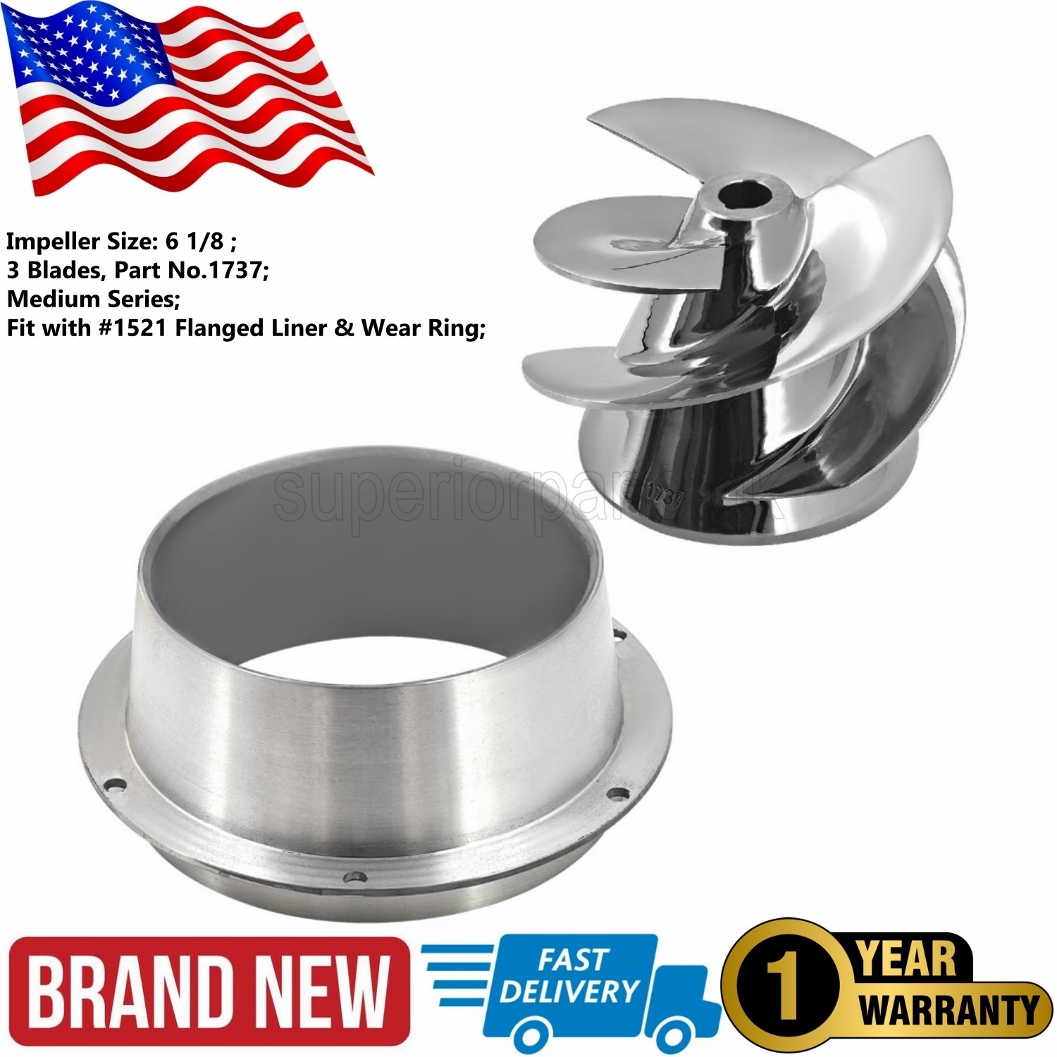 For Outboard Jet Medium Series 6 1/8 Part No.1737 Impeller w/ 1521 Flanged Liner