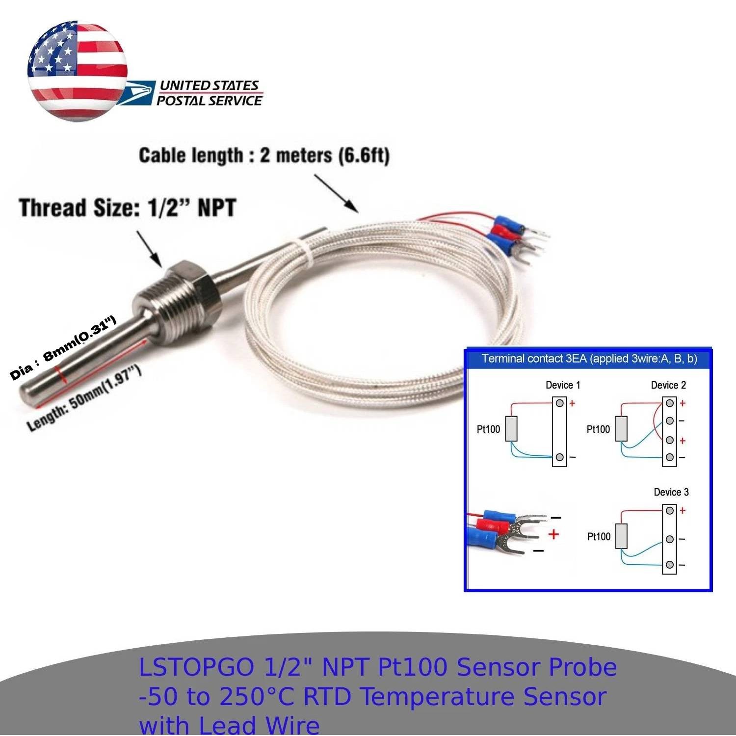 Pt100 RTD Temperature Sensor Probe 1/2