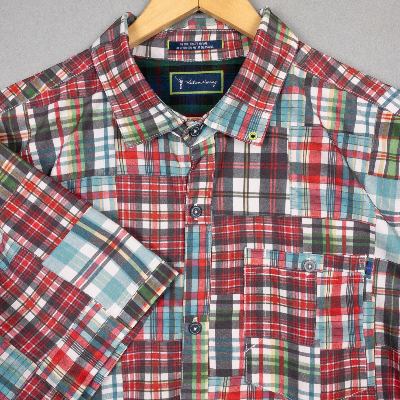 William Murray Mens Large Talking Rock Shirt Patchwork Plaid Short Sleeve