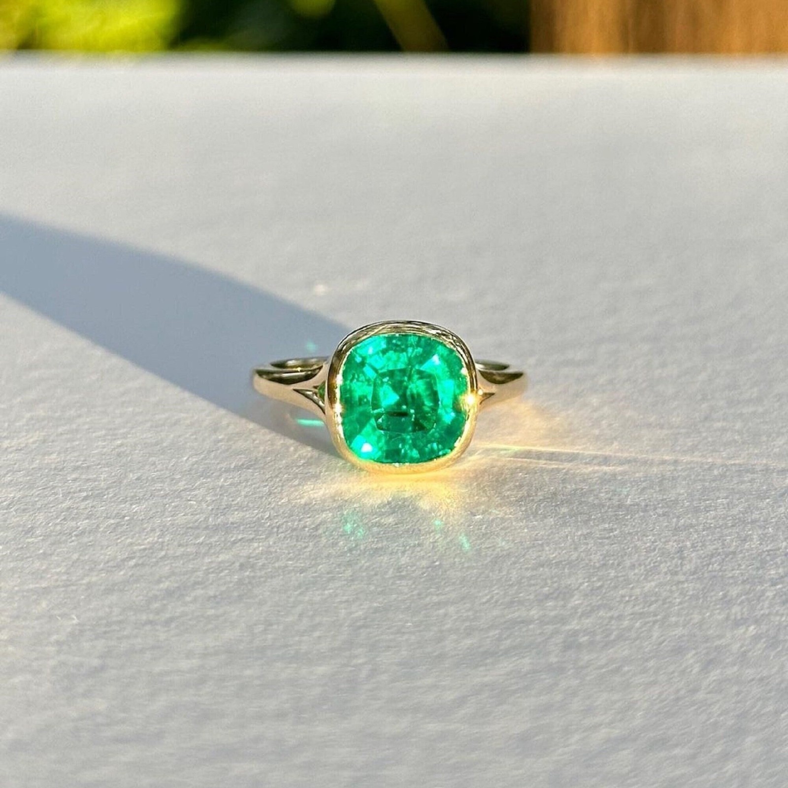 4.12 Ct Green Cushion Cut Bezel Set Lab Created Green Engagement Ring for Women