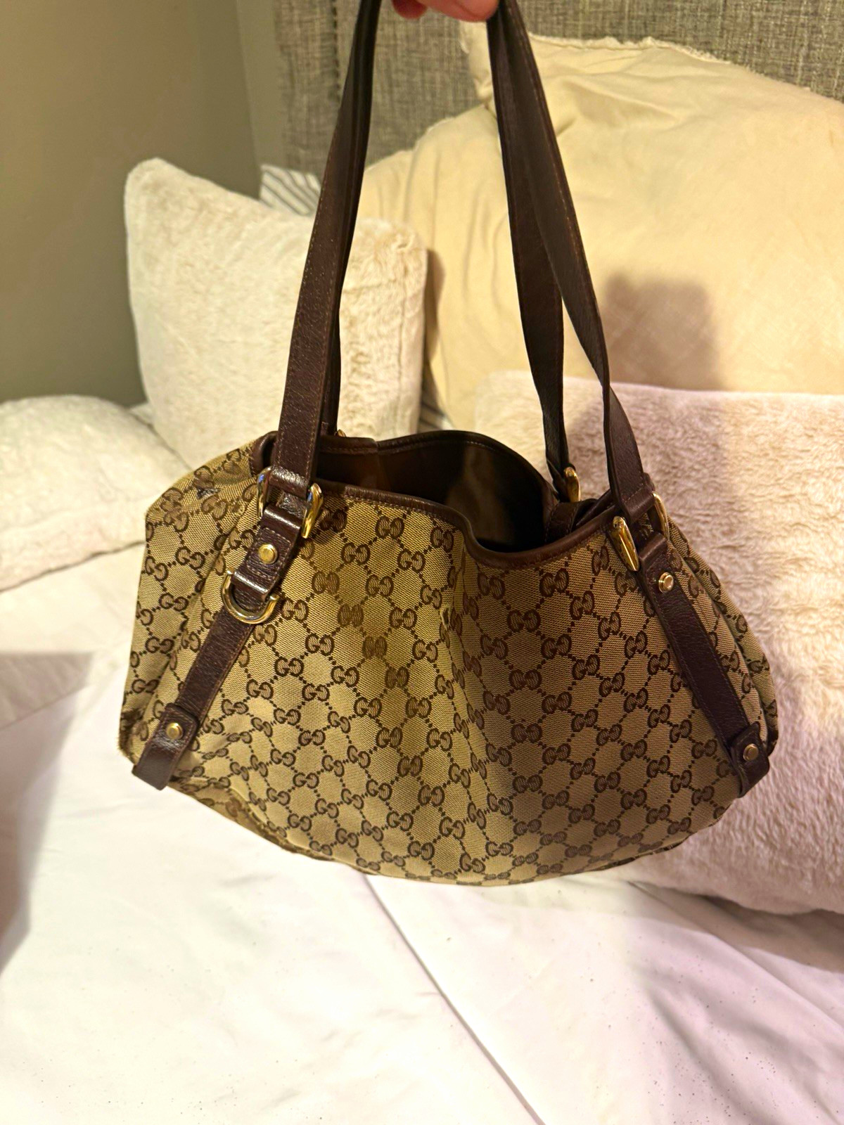100% Authentic Gucci Abbey GG Canvas D-Ring Tote Bag Brown Leather 130736 100% Authentic Gucci Abbey GG Canvas D-Ring Tote Bag Brown Leather 130736