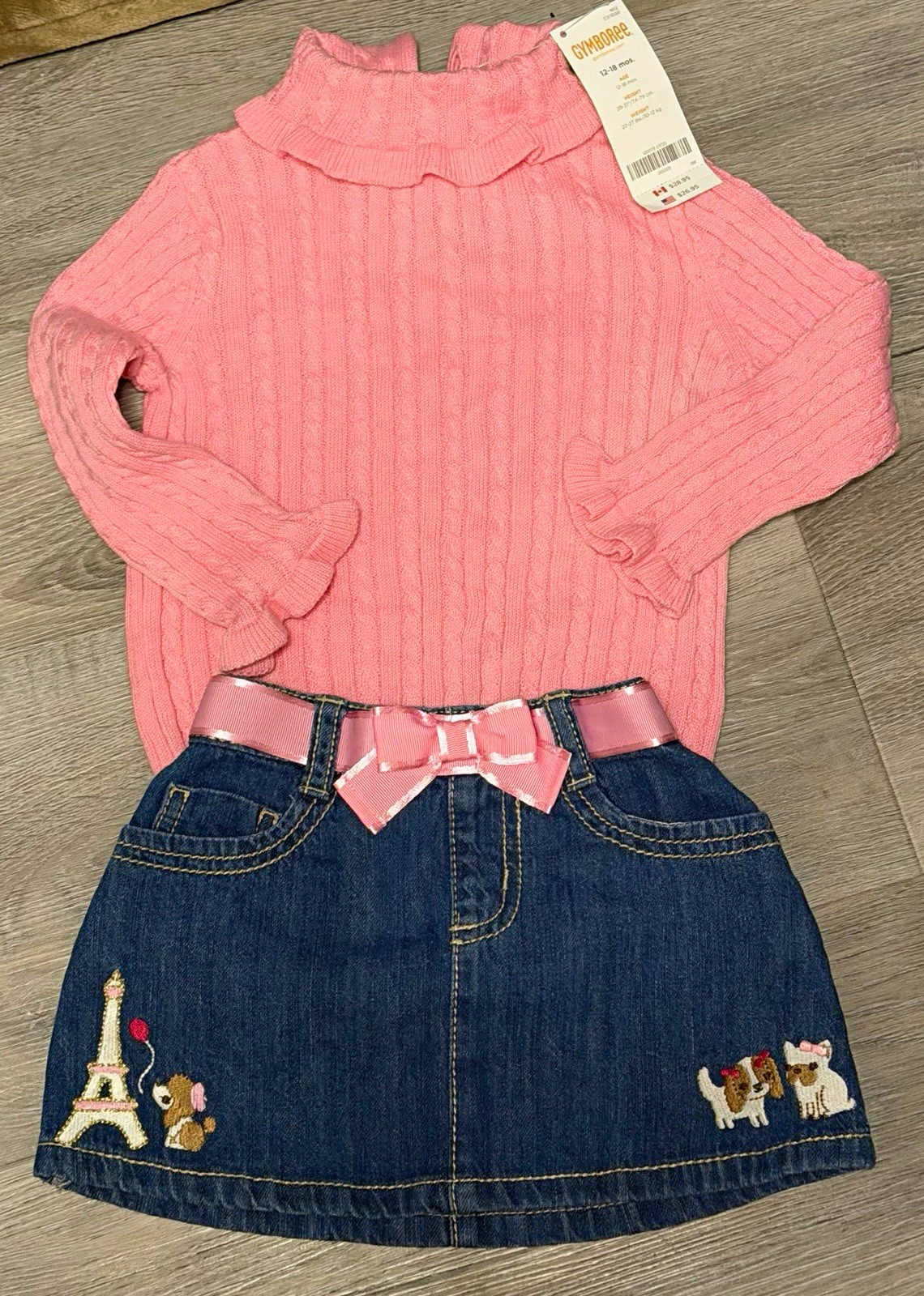 Gymboree 12-18M 2pc Pink Cable-Knit Sweater Blue Denim Skirt Paris Dog Bow