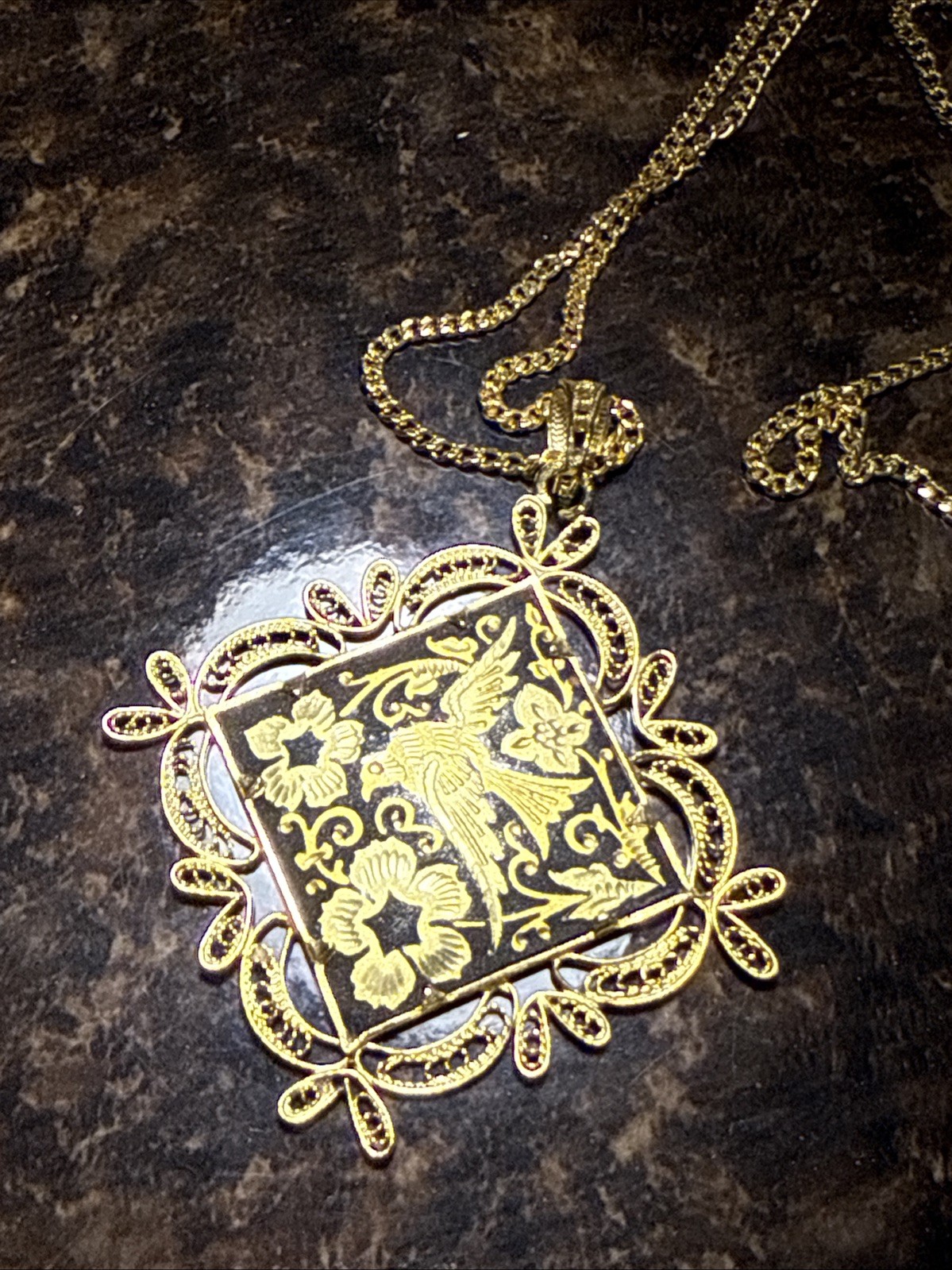 Vintage Damascene Necklace Griffin Bird Filigree Pendant 24\
