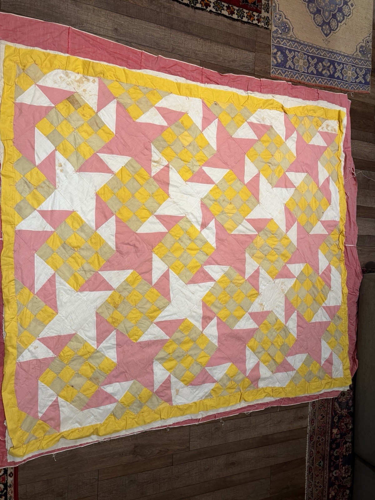 Vintage 1930s Hand Stitched Whirling Star Quilt Unfinished Lined Windmill Vintage 1930s Hand Stitched Whirling Star Quilt Unfinished Lined Windmill