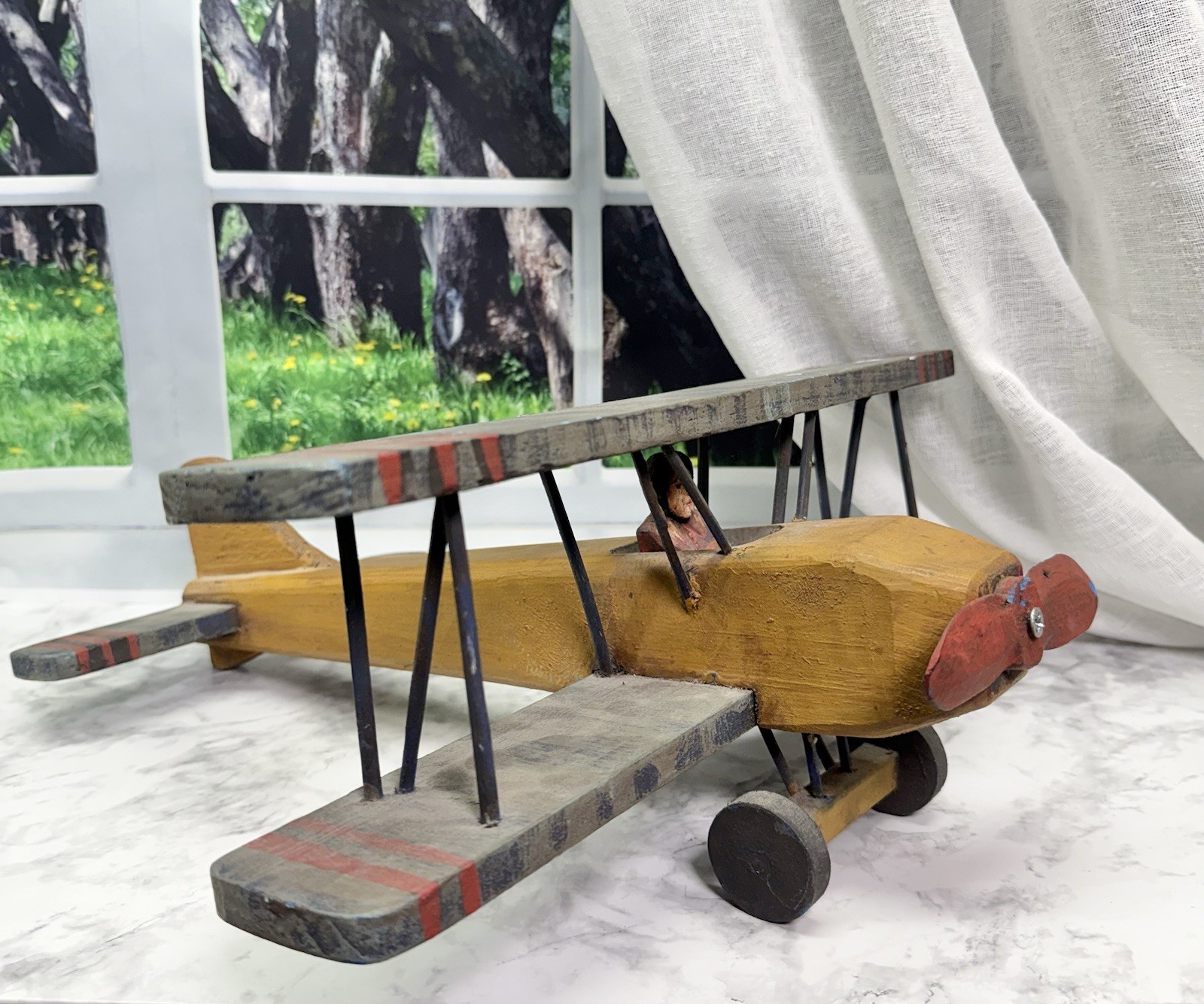 Vintage hand-carved folk art wooden biplane model/toy