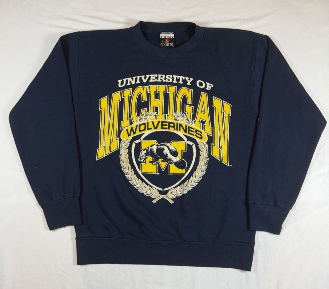 Vintage Michigan Adult L USA Made Crewneck Graphic Spellout Wolverine Navy Blue