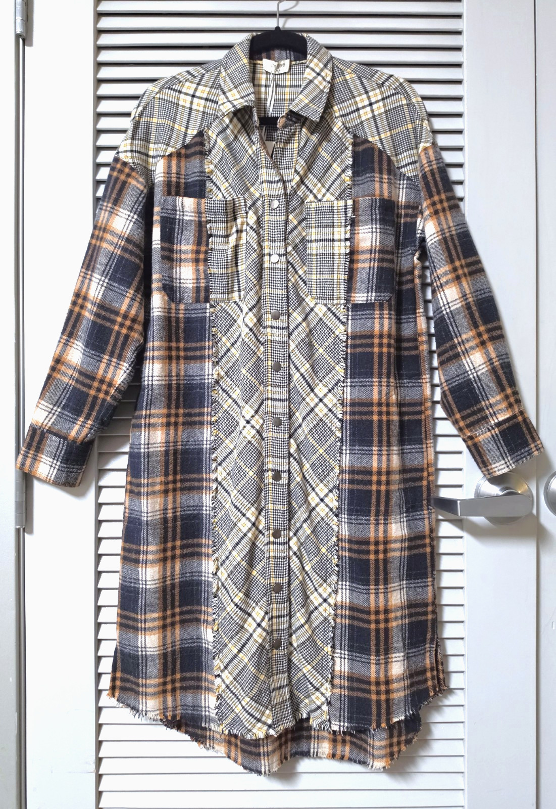 multi-color plaid checker contr fringe detail button down shirt midi dress L