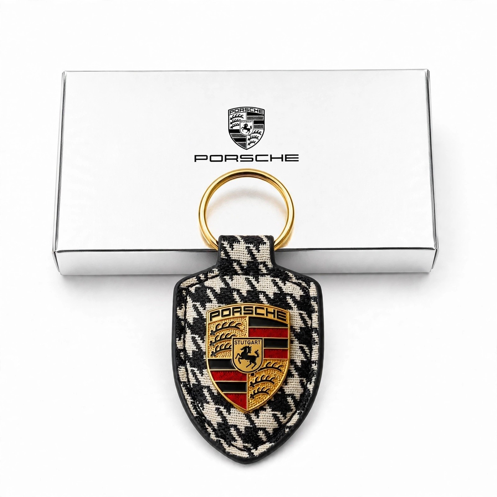 NEW Porsche Pepita Crest Key Ring Fob Key Chain WAP0504060SWPP Black & White