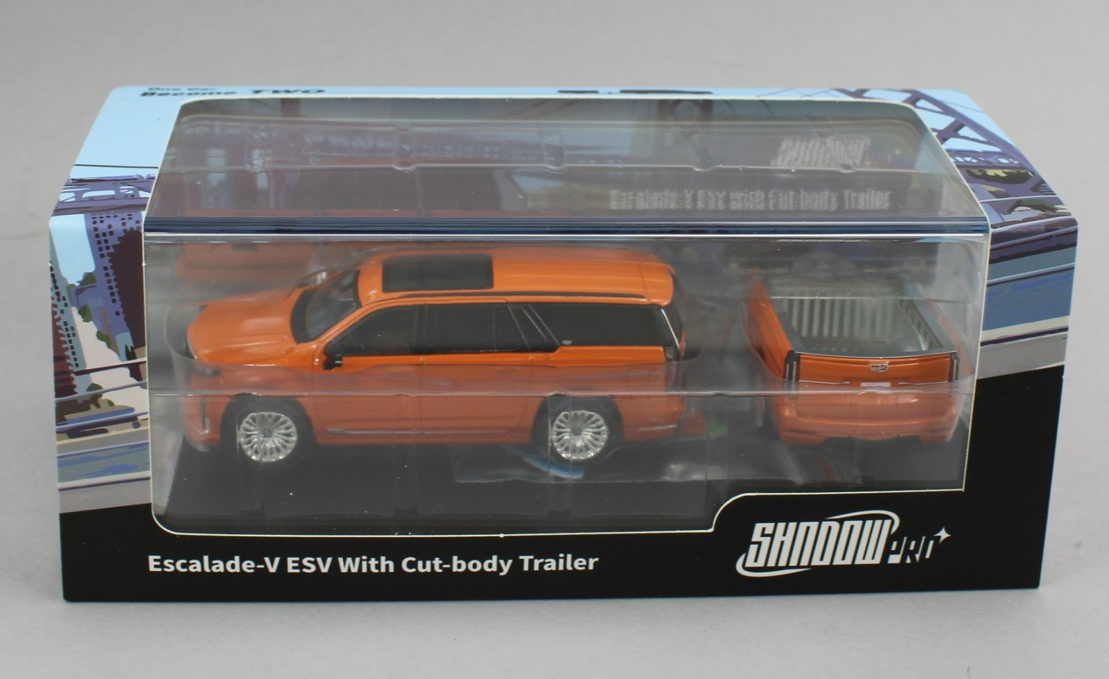 1:64 *SHADOW PRO* ORANGE Cadillac Escalade-V ESV w/Trailer *NIB*