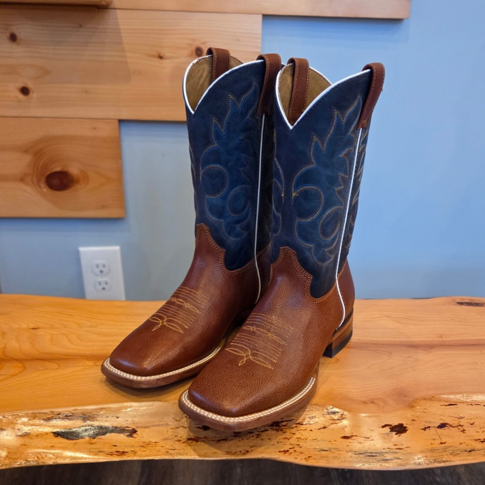 ALFA Western Cowboy Pull-On Boots Brown & Blue US Size 8M/9.5W Handmade Mexico