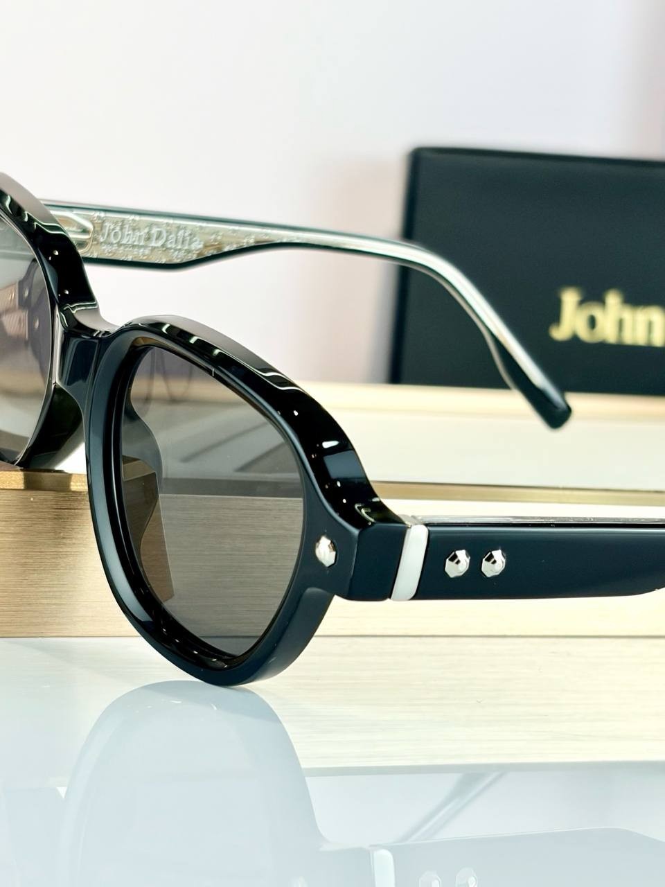 John Dalia Luxury Designer Sunglasses Black Acetate Square Frame Dark Grey Lense