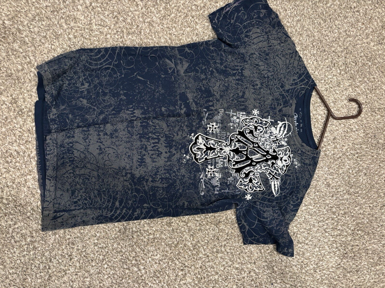 Vintage Y2K Archaic by Affliction Blue White Tee Shirt Grunge Goth Cross Medium