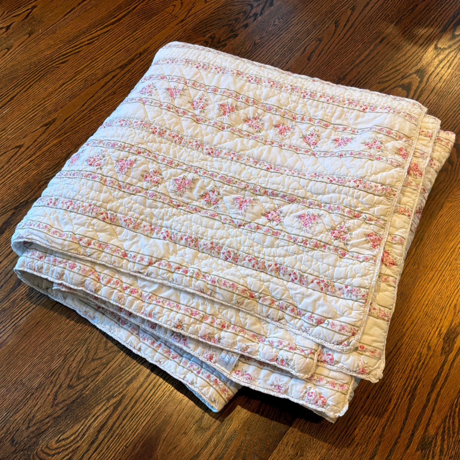 Simply Shabby Chic Rachel Ashwell Pink Floral Rose Stripe Quilt Blanket 86x88 Simply Shabby Chic Rachel Ashwell Pink Floral Rose Stripe Quilt Blanket 86x88