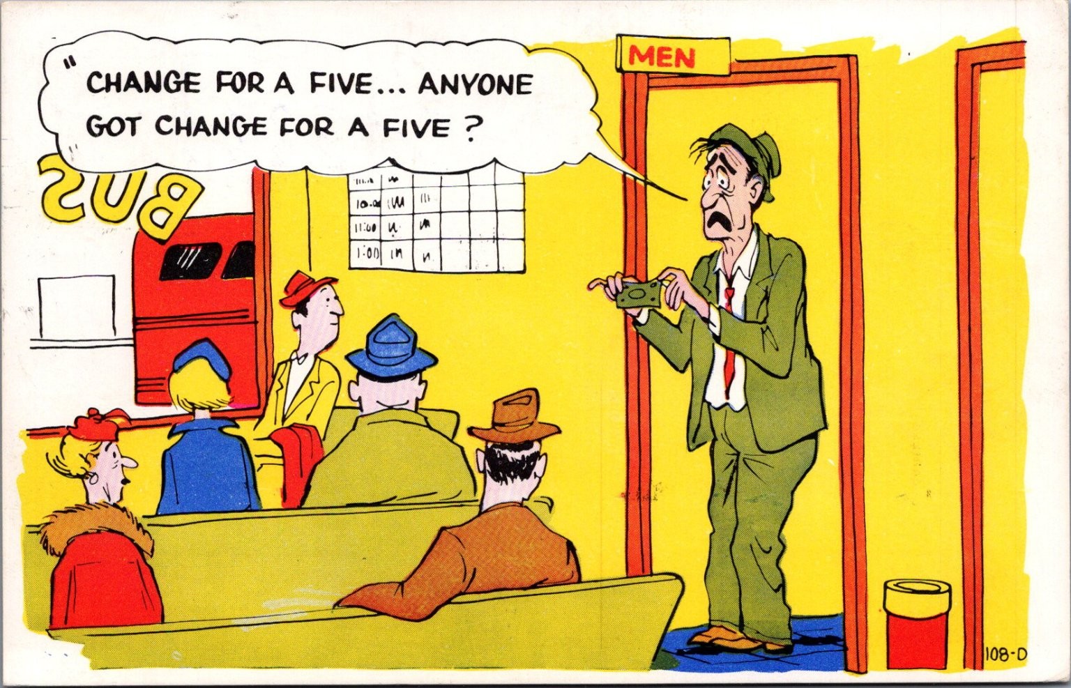 Vintage 1957 Humorous Cartoon Postcard Man Change for a Five Bus Stop Restroom