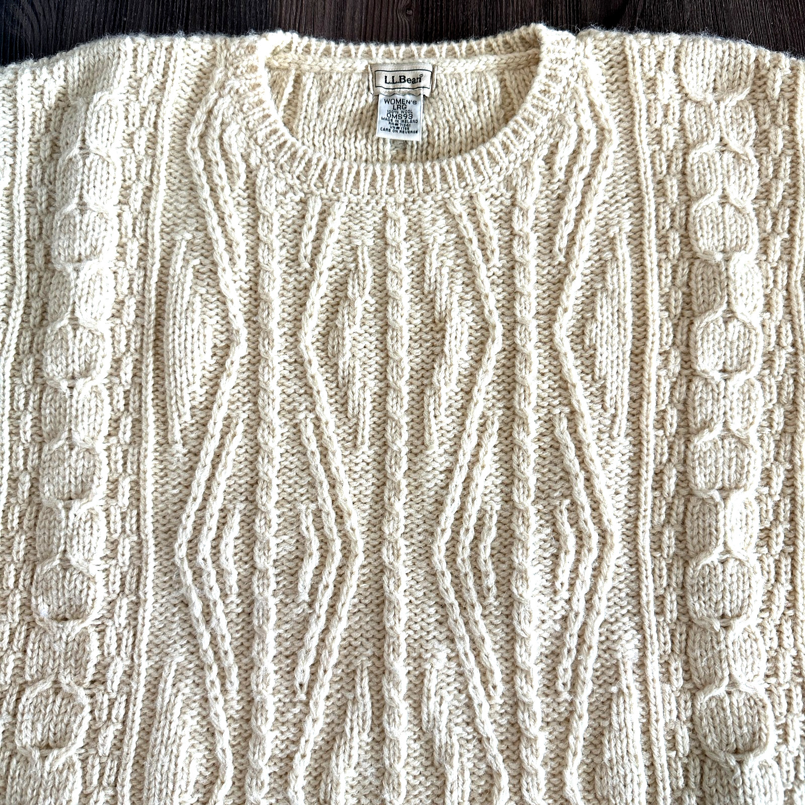VTG LL Bean Fisherman Sweater Womens Wool Chunky Cable Knit Ireland Cream Large