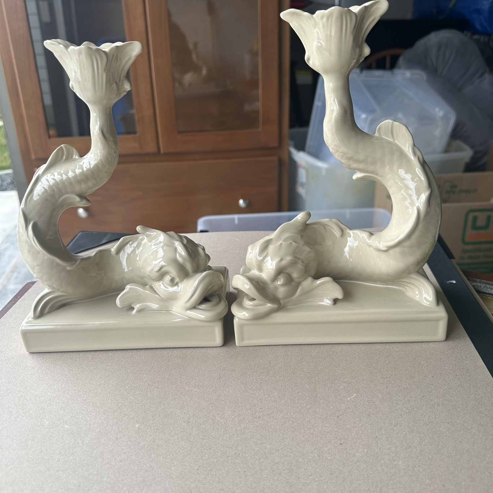 DEFECTIVE Pair of Wedgwood Drabware Candle Sticks 2000 Dolphin Fish Crea G3D DEFECTIVE Pair of Wedgwood Drabware Candle Sticks 2000 Dolphin Fish Crea G3D