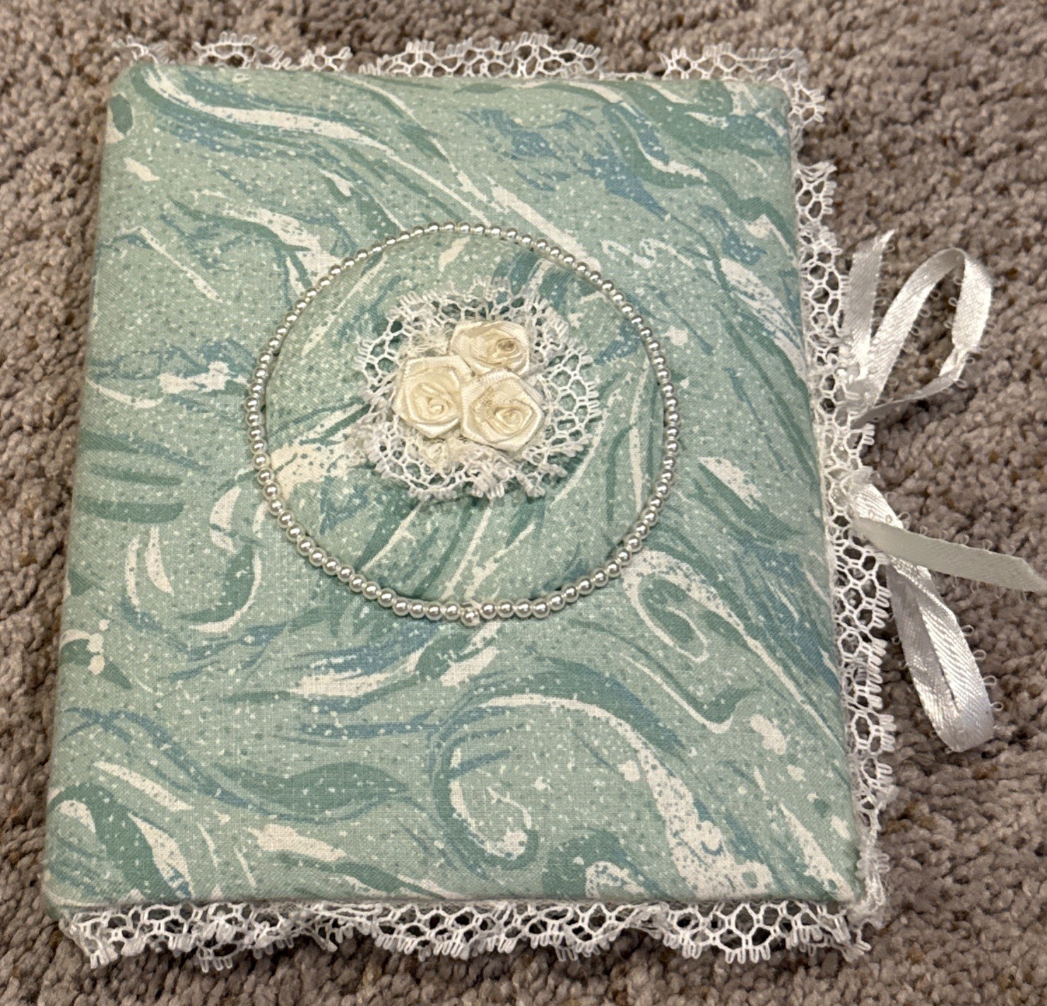 Vtg Handcrafted Padded Fabric Phone Address Book Lace Rose Pearl Aqua Coquette