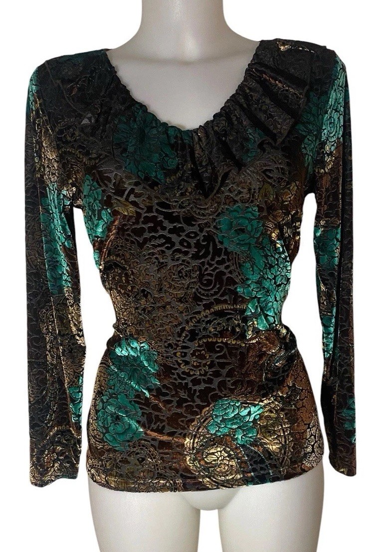 Vtg 90s Women Victorian Brown Burnout Velvet Floral Ruffle Top Sz S Whimsigoth