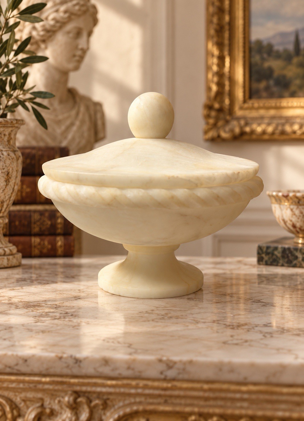 VTG BB Italy Carved Alabaster Dish W/Lid Footed Rope Twist Original Sticker 60’s