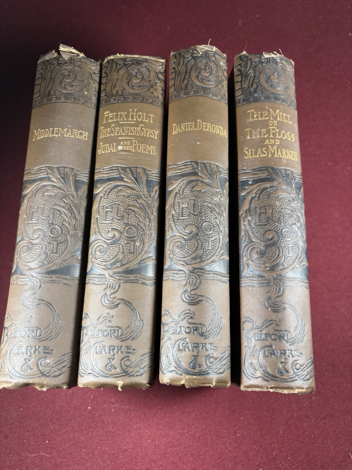 George Eliot\'s Works - 4 Heavily Embossed Covers - 1889 - 6 Novels 1 Vol of Poem