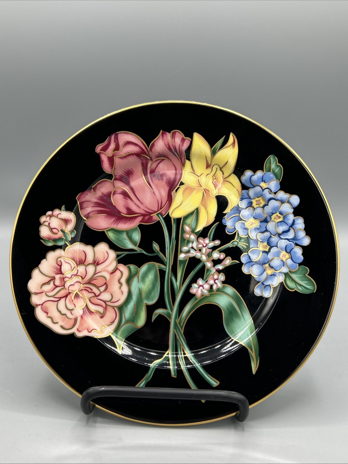 VTG Fritz and Floyd Bariolage des Fleurs Black Floral Porcelain Plate Japan