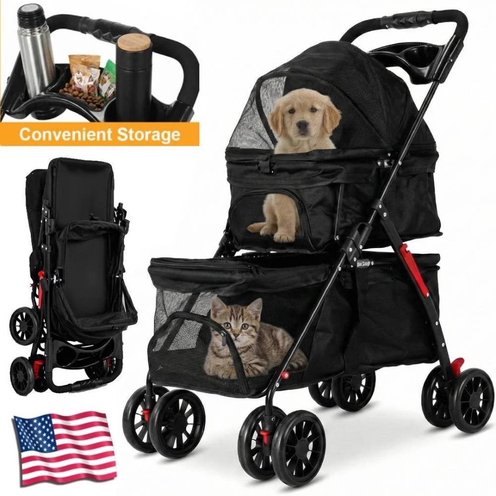 Full-Window Double Pet Stroller 4 Lockable Wheels for Cats & Dogs, with Cup Hold