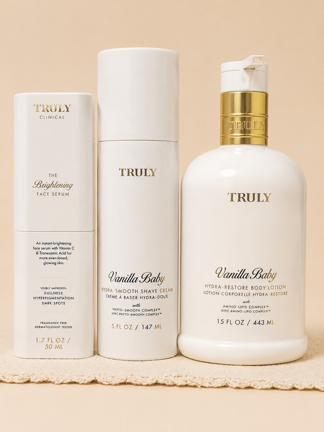 Truly Vanilla Baby 3-Piece Set | Brightening Face Serum, Shave Cream & Lotion