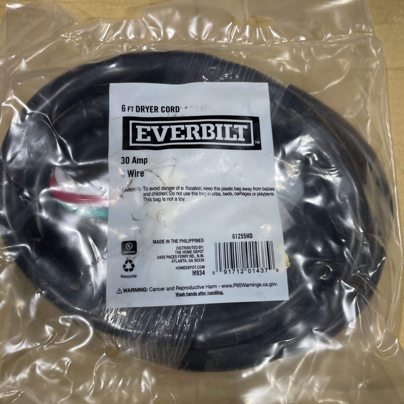 Everbilt 10 Gauge 4-Wire Electric Dryer Plug 125/250V Black 6\' 61255HD