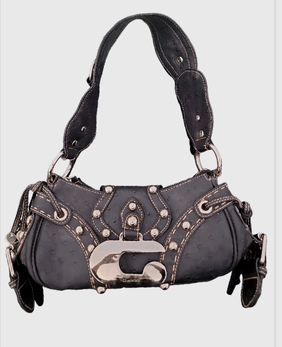 Vintage Guess Black Ostrich Shoulder Bag Studded Y2K Handbag big metal RARE