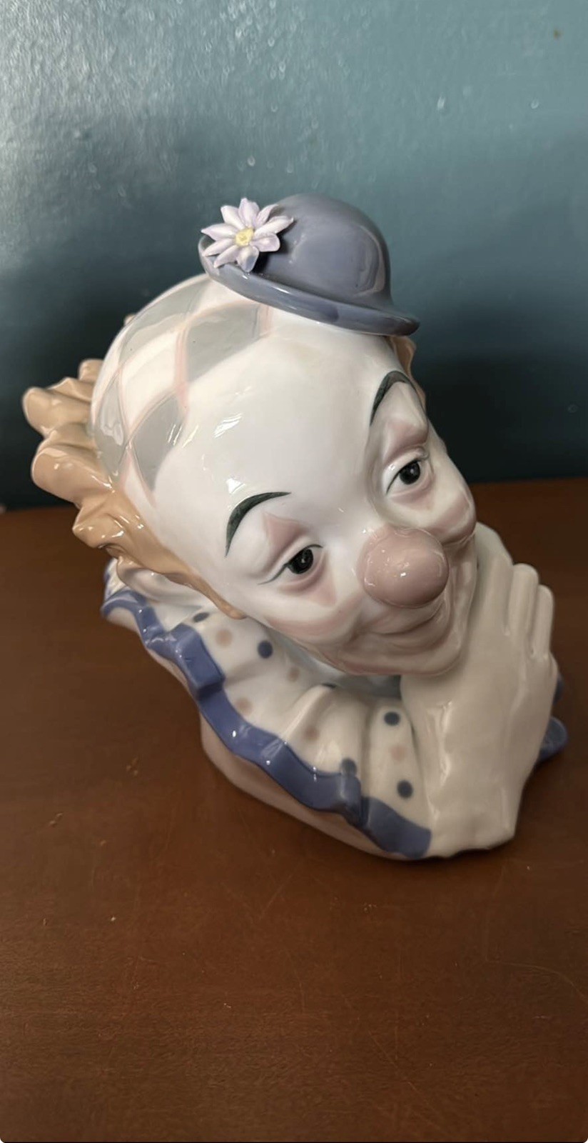 Vintage Lladro 5130 Pensive Clown In Bowler Hat Porcelain Head Bust With Stand