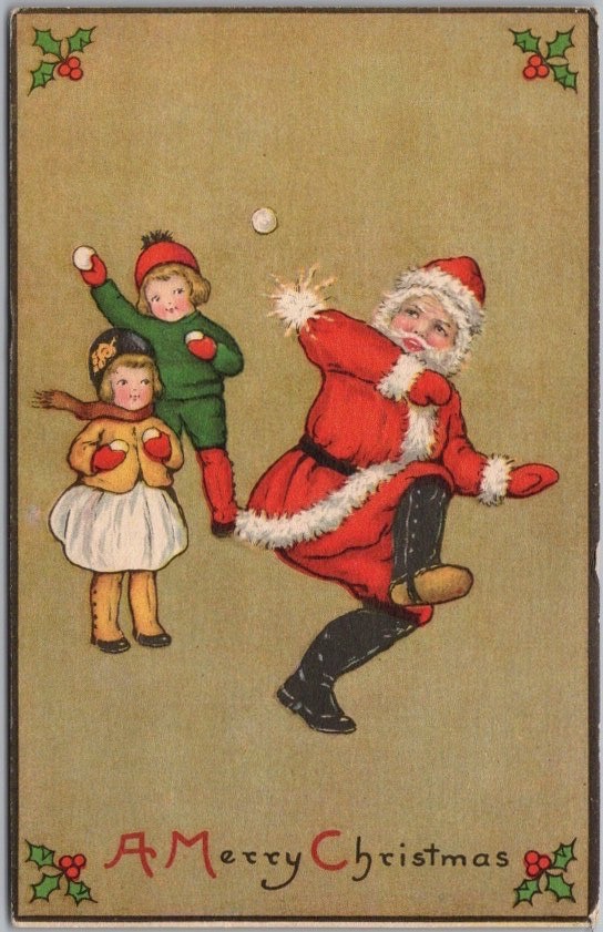 c1910s CHRISTMAS Postcard SANTA CLAUS Getting Hit by Snowball / Chas Clark Co.