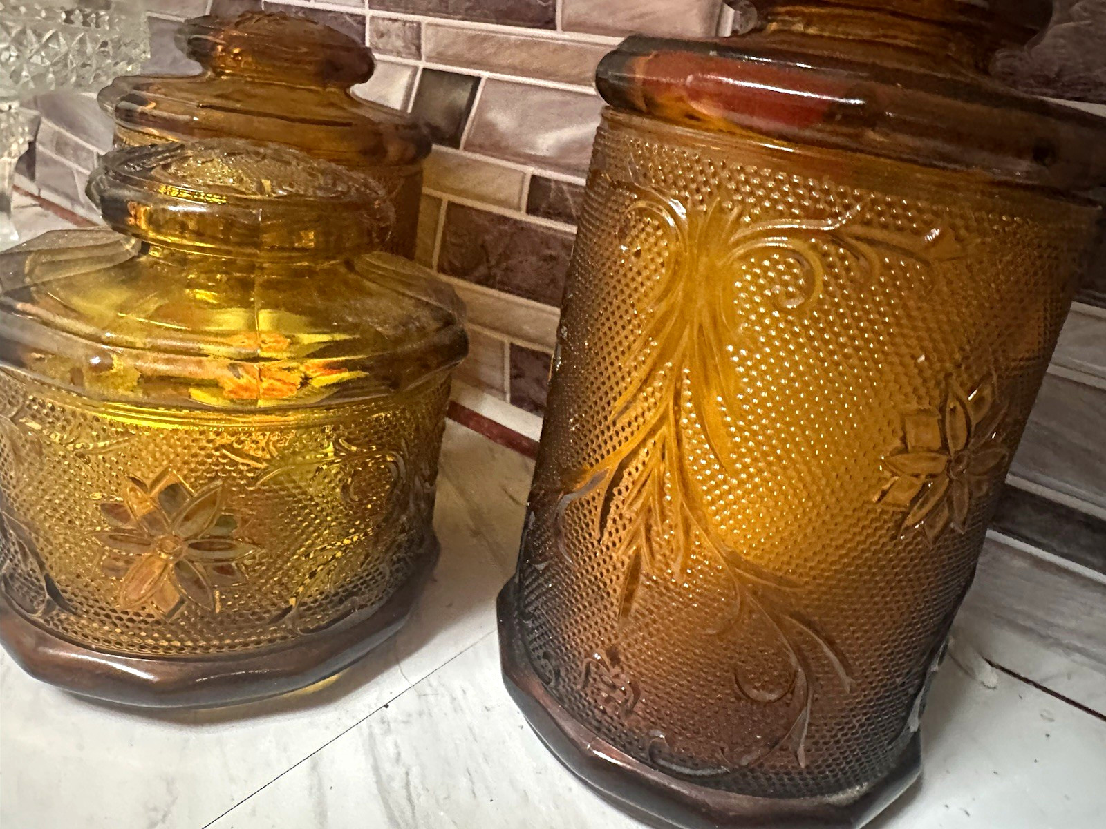 Vintage Amber Glass Floral Embossed Canister Set (3) w/ Lids, Vintage Amber Glass Floral Embossed Canister Set (3) w/ Lids,
