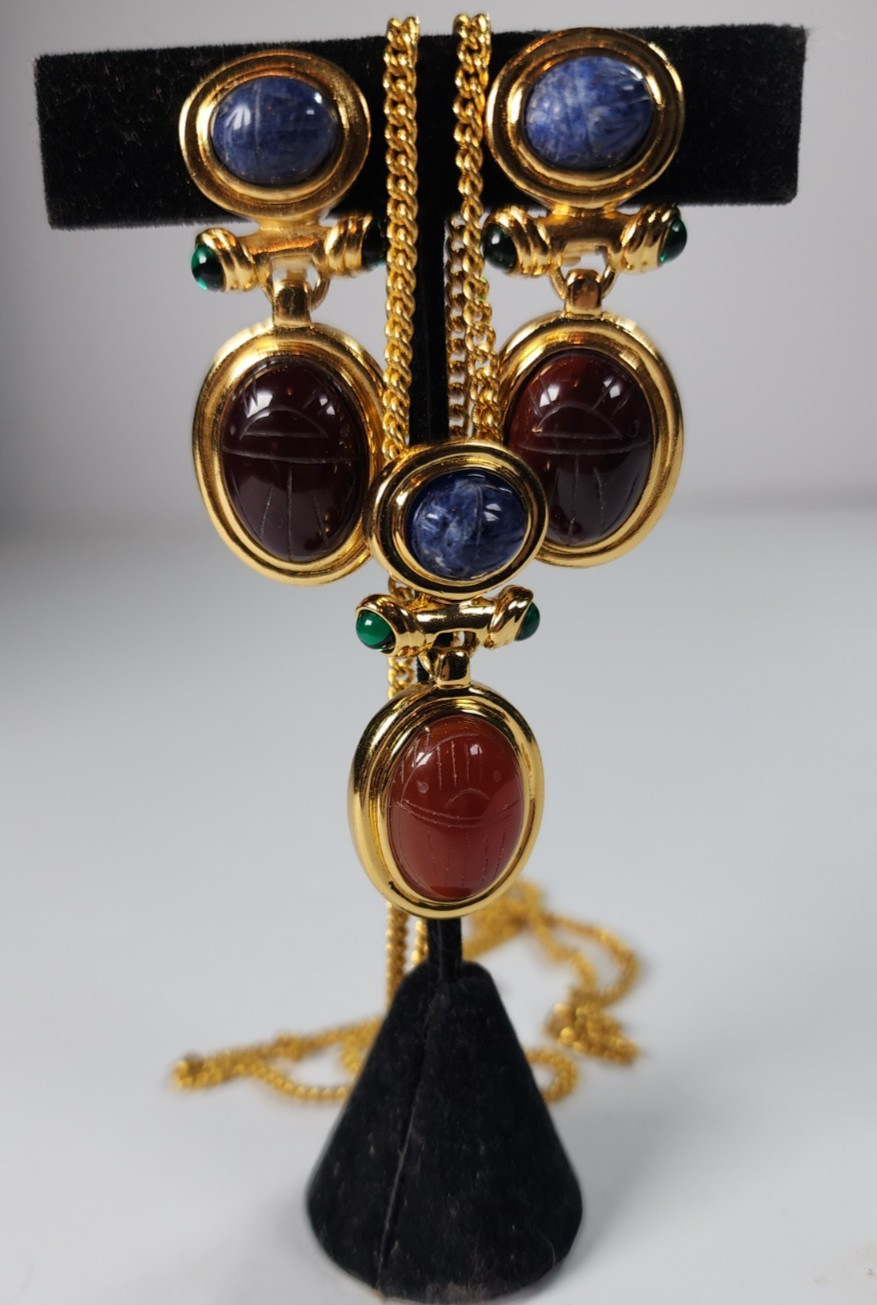 Vintage Unsigned Givenchy Goldtone Scarab EGYPTIAN Revival Necklace & Earrings