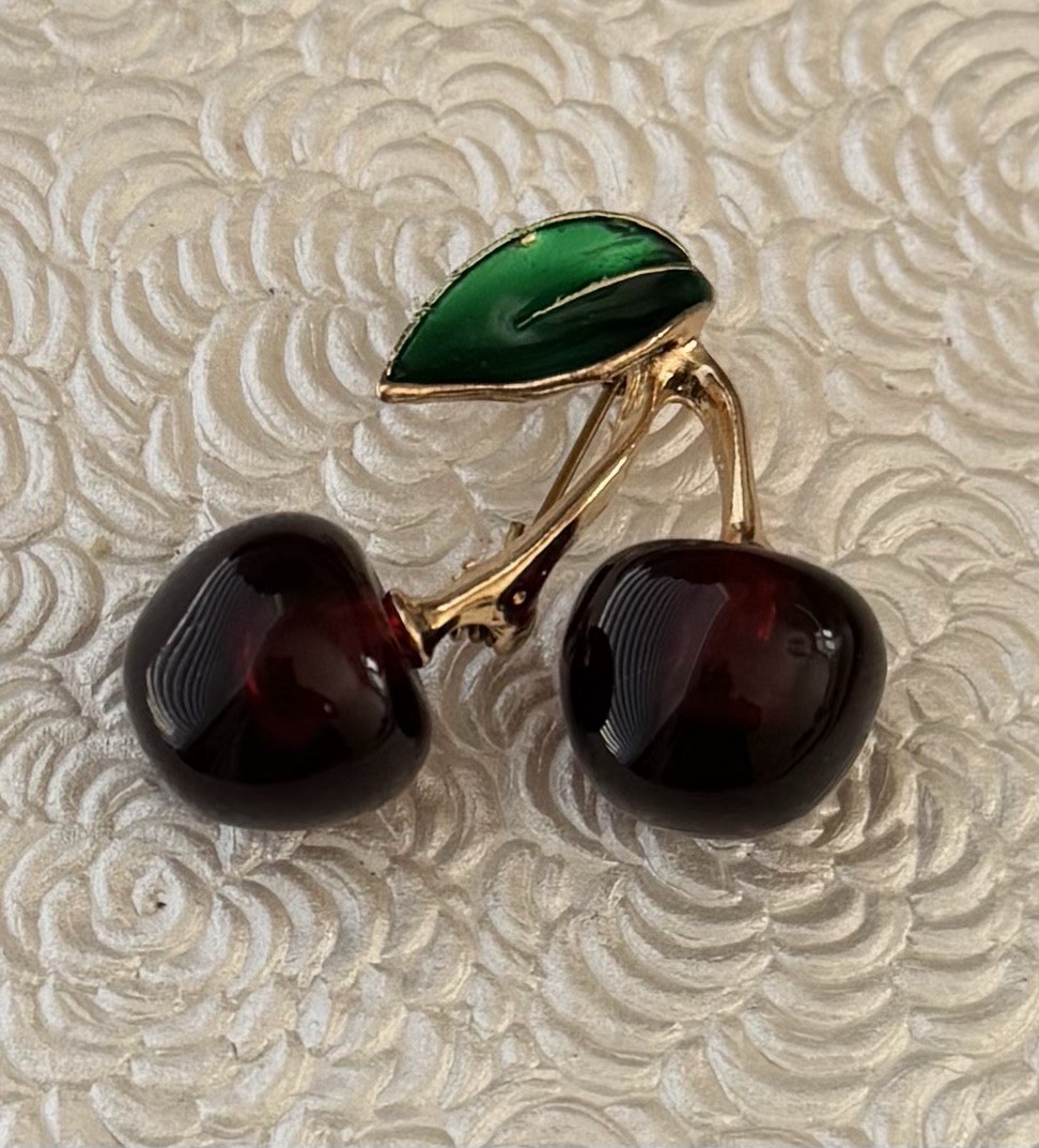 Vintage style Cherry  brooch enamel on metal
