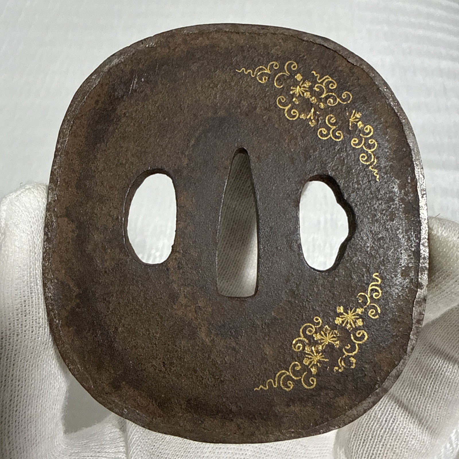 Antique Japanese Iron Tsuba – Floral Arabesque Design with Gold Detailing