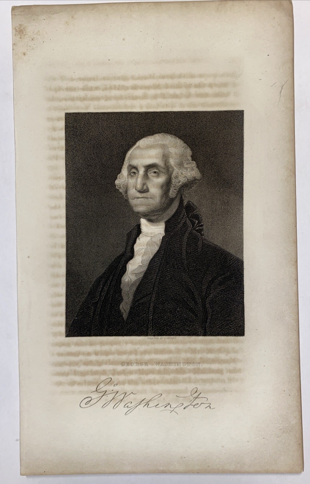 Antique Book Engraving Geoge Washington US President Painted By G. Stuart 9”x5.5