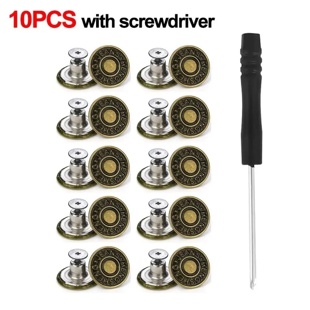 10 PCS Jeans Buttons No Sew Jean Button Replacement with Screwdriver 17mm