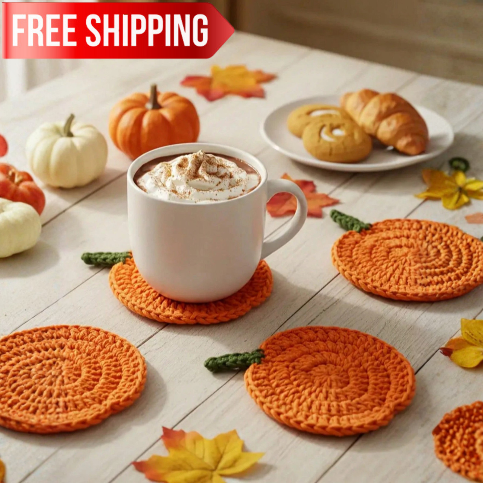 4pcs Handmade Crochet Pumpkin Coasters Pumpkin Pattern Beverage Mats Coffee Mats