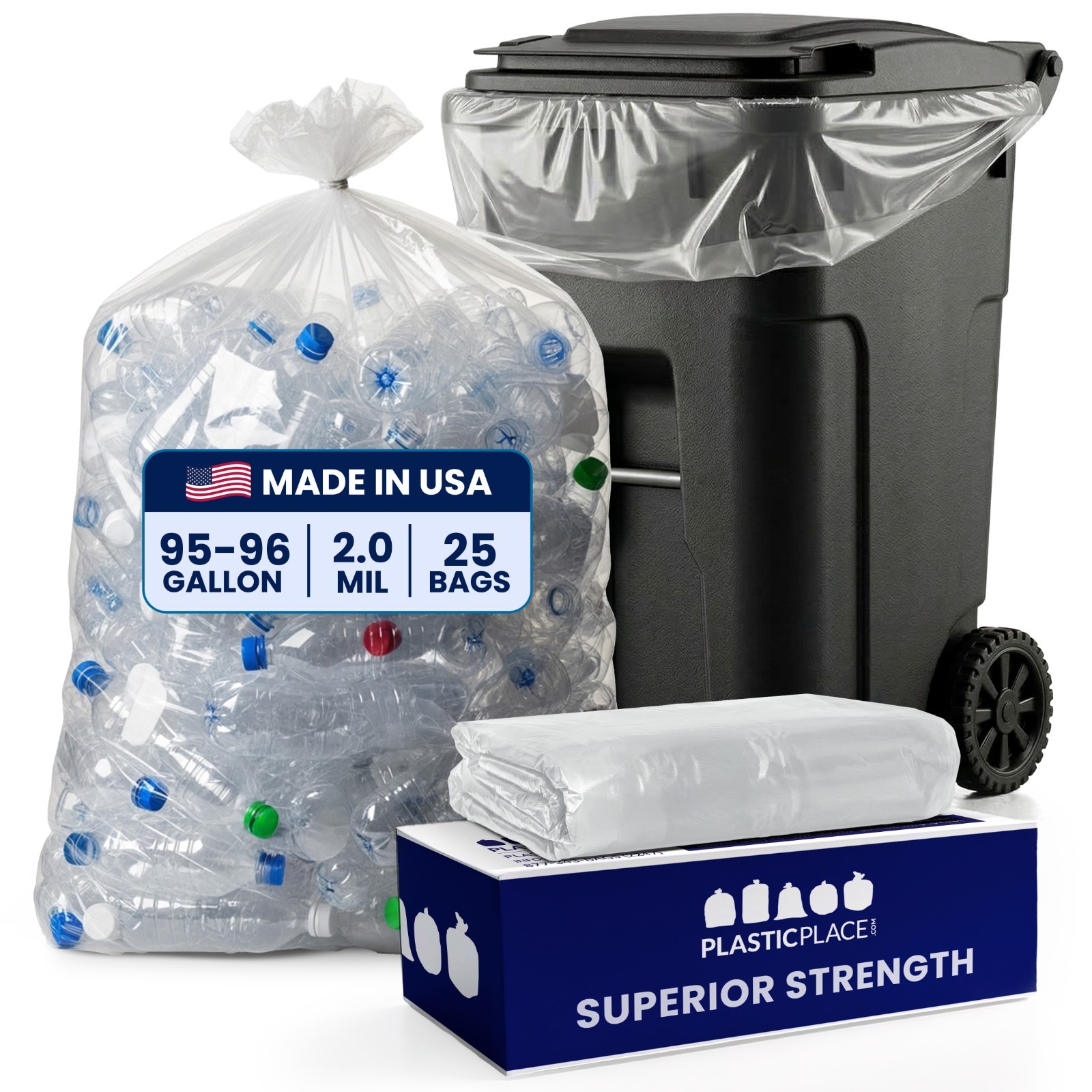 Plasticplace 95-96 Gallon Trash Bags, Clear, 2.0 Mil, 25 Bags Plasticplace 95-96 Gallon Trash Bags, Clear, 2.0 Mil, 25 Bags