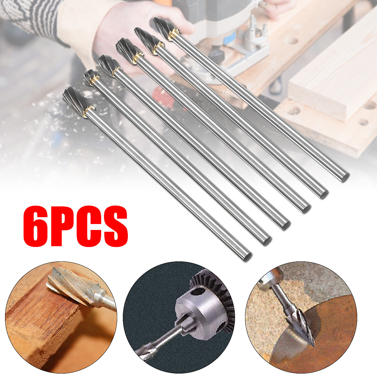 6Pcs 10mm Rotary Aluminum Cut Burr File 1/4\