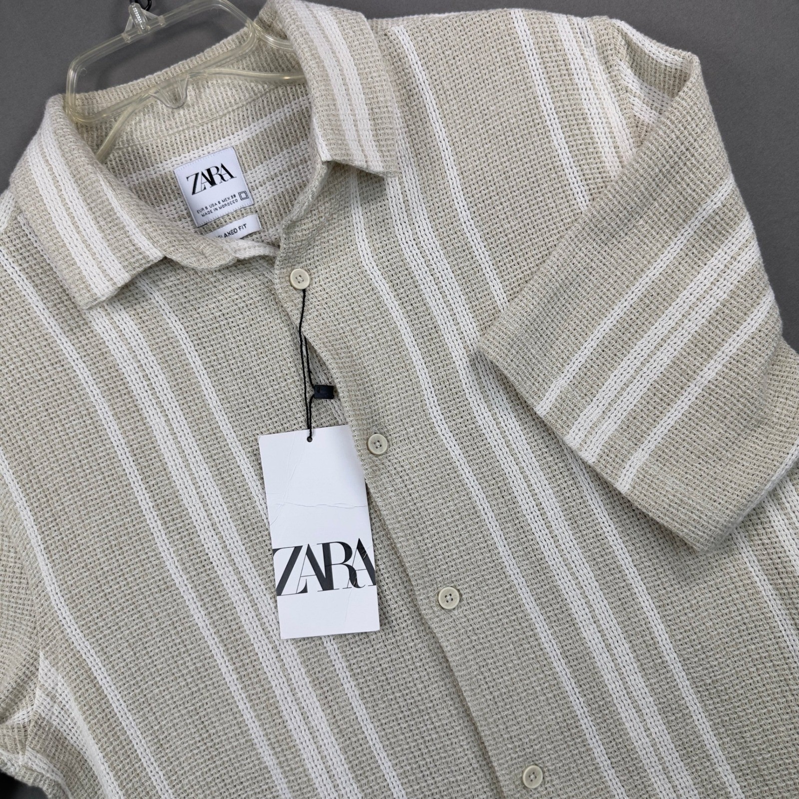 Zara Shirt Mens S Beige New Striped Relaxed Fit Waffle Knit Short Sleeve Casual Zara Shirt Mens S Beige New Striped Relaxed Fit Waffle Knit Short Sleeve Casual