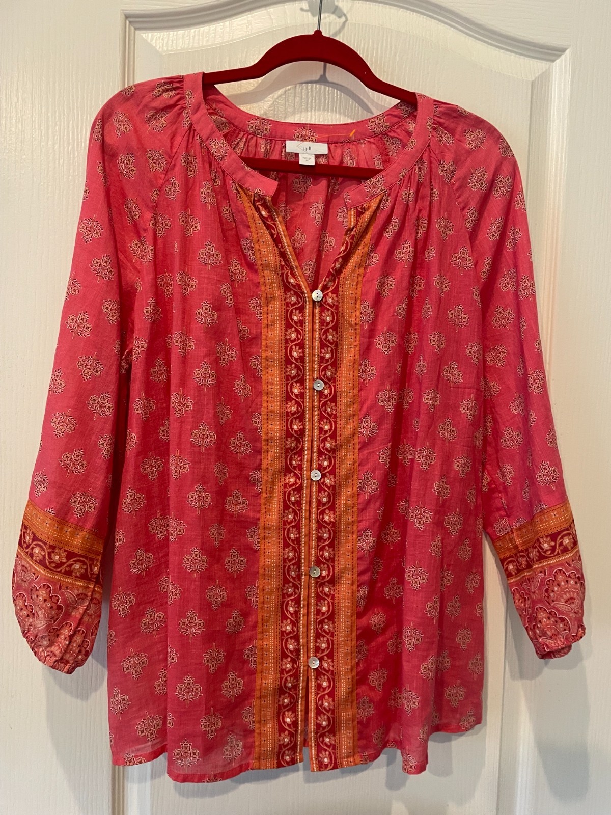 J. Jill 3/4 Sleeve Embroidered V-Neck Button Up Tunic Blouse Size XL