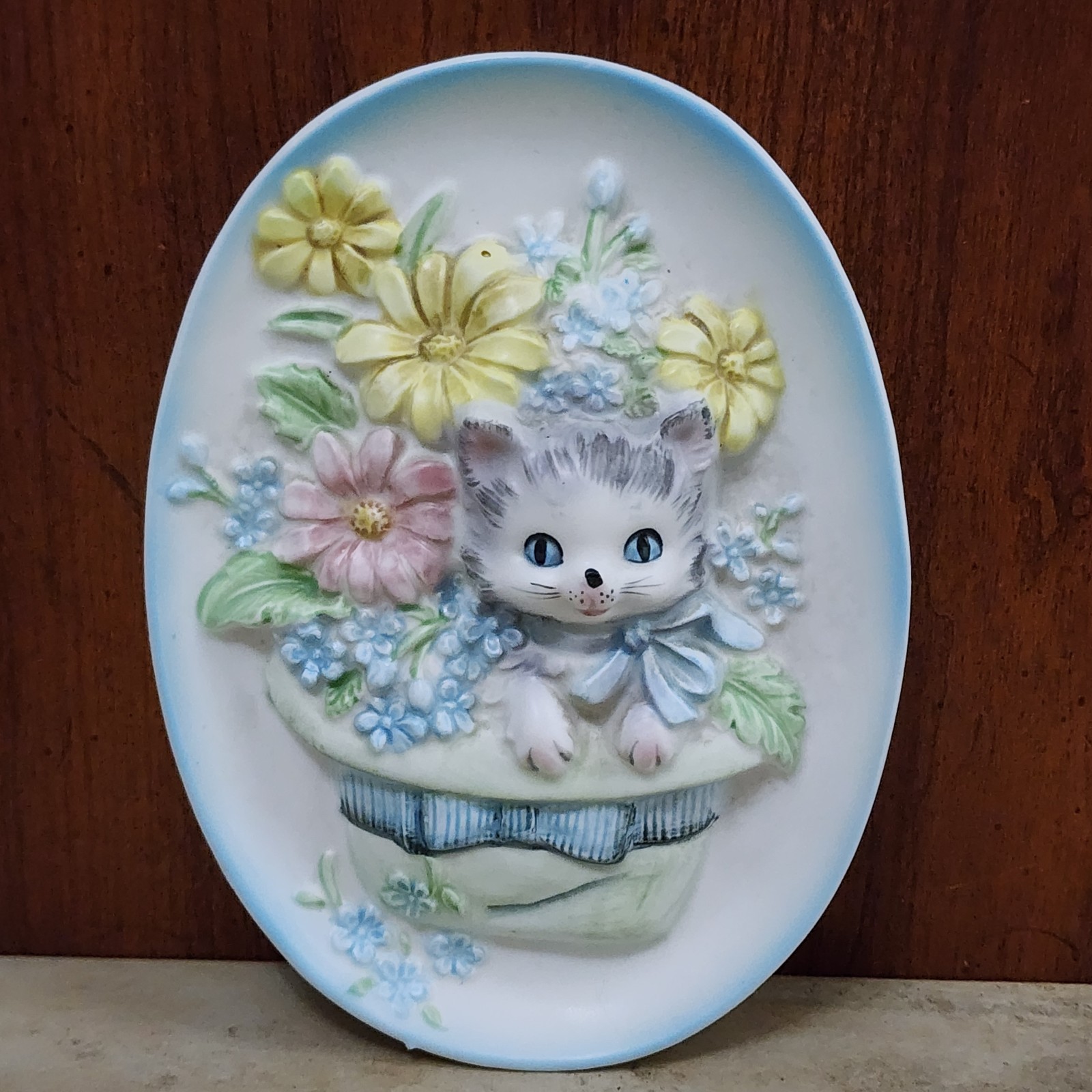KITSCH Vtg Lefton ESD 23069 Japan Gray /White Kitten Cat 3D Wall Plaque MCM