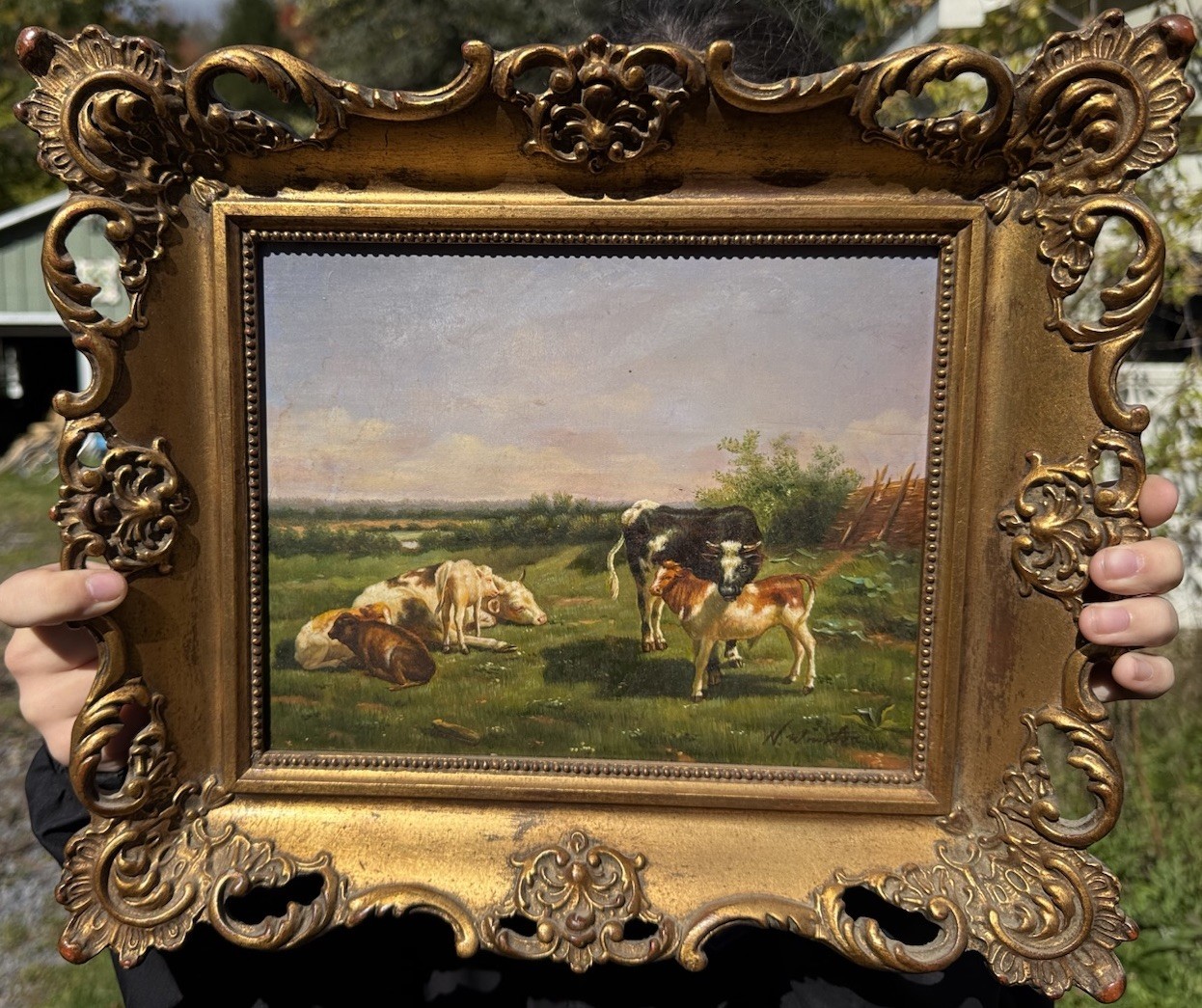 Antique Oil Painting On Wood Cows Pasture Pastoral Landscape Ornate Frame Farm Antique Oil Painting On Wood Cows Pasture Pastoral Landscape Ornate Frame Farm